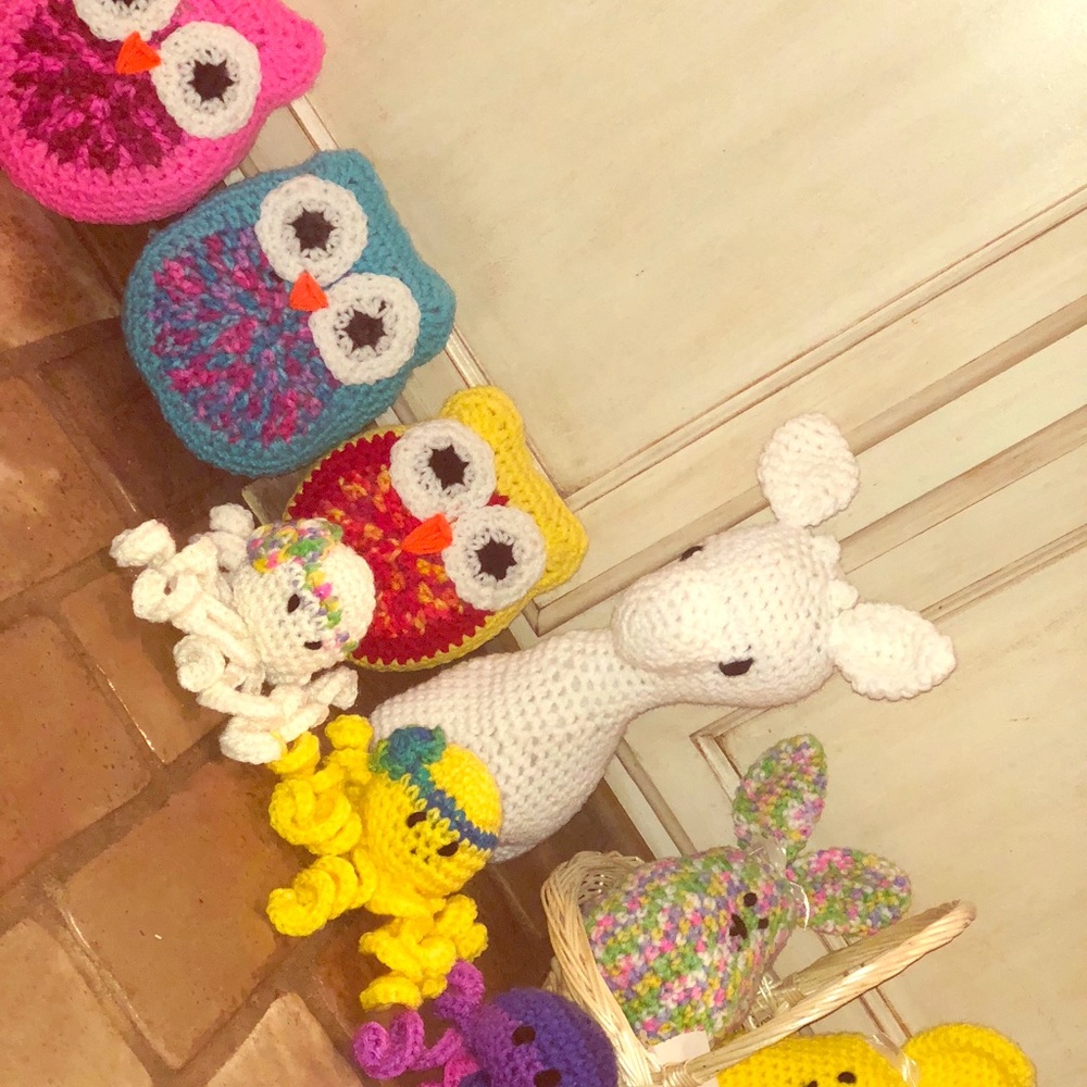 Crocheted baby bunnies, giraffes, owls & octopus